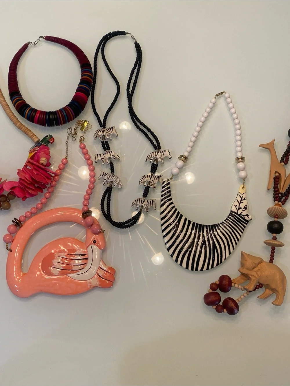 Vintage Novelty Animal & Wooden Statement Necklace Bundle - Flamingo Zebra Bear